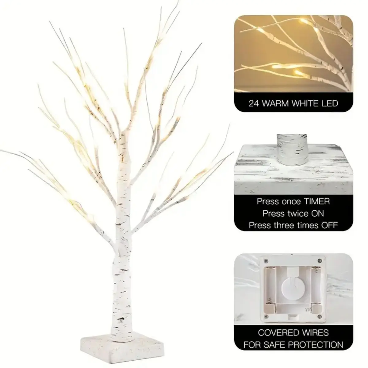 Árbol de Pascua de 24 LED, ramas ajustables de abedul 3AA y fuente de alimentación USB, luz decorativa para árbol de dormitorio (sin batería), 1 ud.