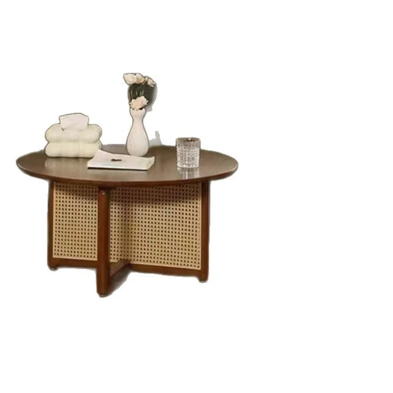 

Small apartment living room household balcony rattan short tea table solid wood round coffee table