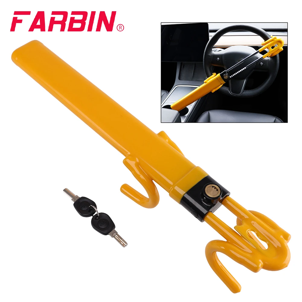 FARBIN Double Hook Locks Heavy Duty Double Anti Theft Wheel Car Lock Steering Wheel Lock Adjustable Length Safety Tool Accessory