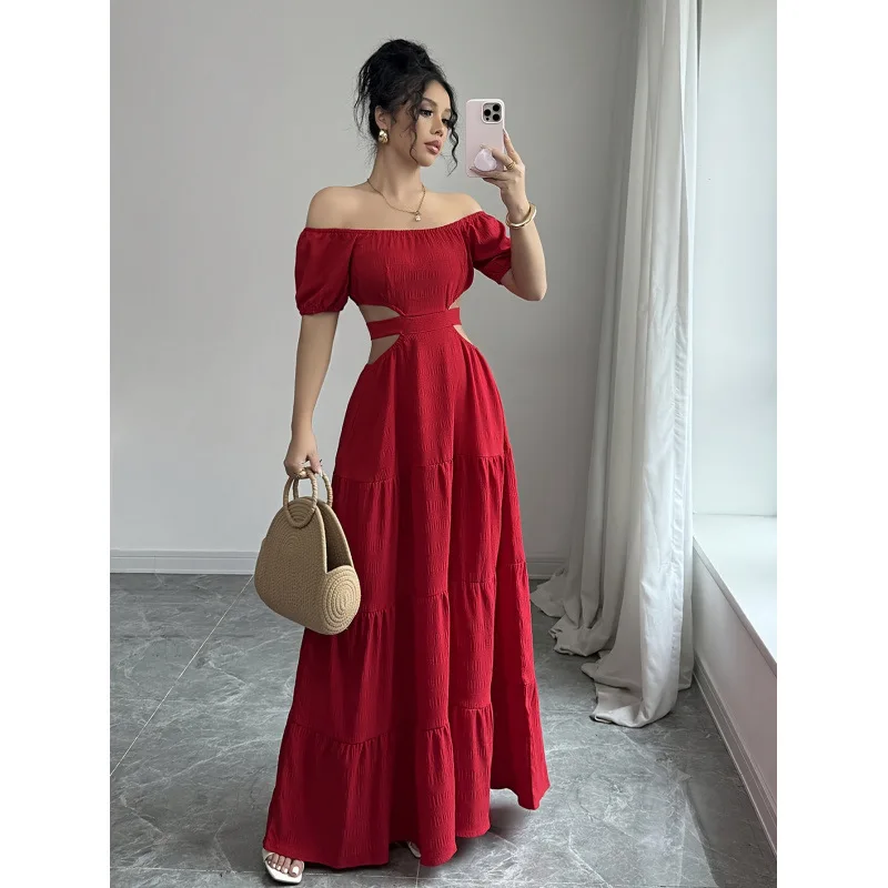 

Women's Red Off Shoulder Maxi Dress Puff Short Sleeve Cut Out Waist Tiered Ruffle For Summer Beach Vacation Wedding Guest Wear