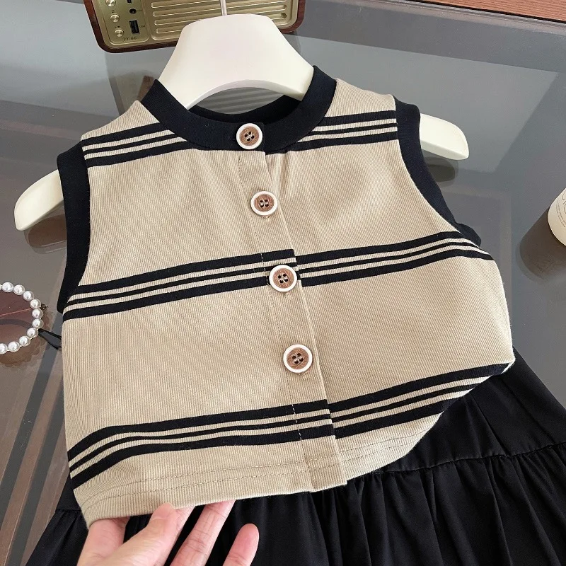 2-9Y Girls Clothes Sets Summer Sleeveless Knitted Striped T-shirt+Skirt Fashion Retro Children Casual Clothes Two Piece Set