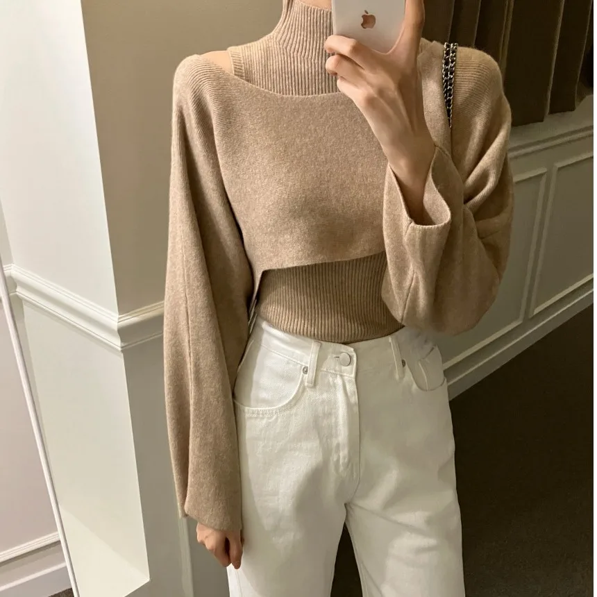 

Chic Autumn Winter New Sle Simple Small High Collar Knitted Vest Top Loose Cover up Two Piece Set Women's Faion