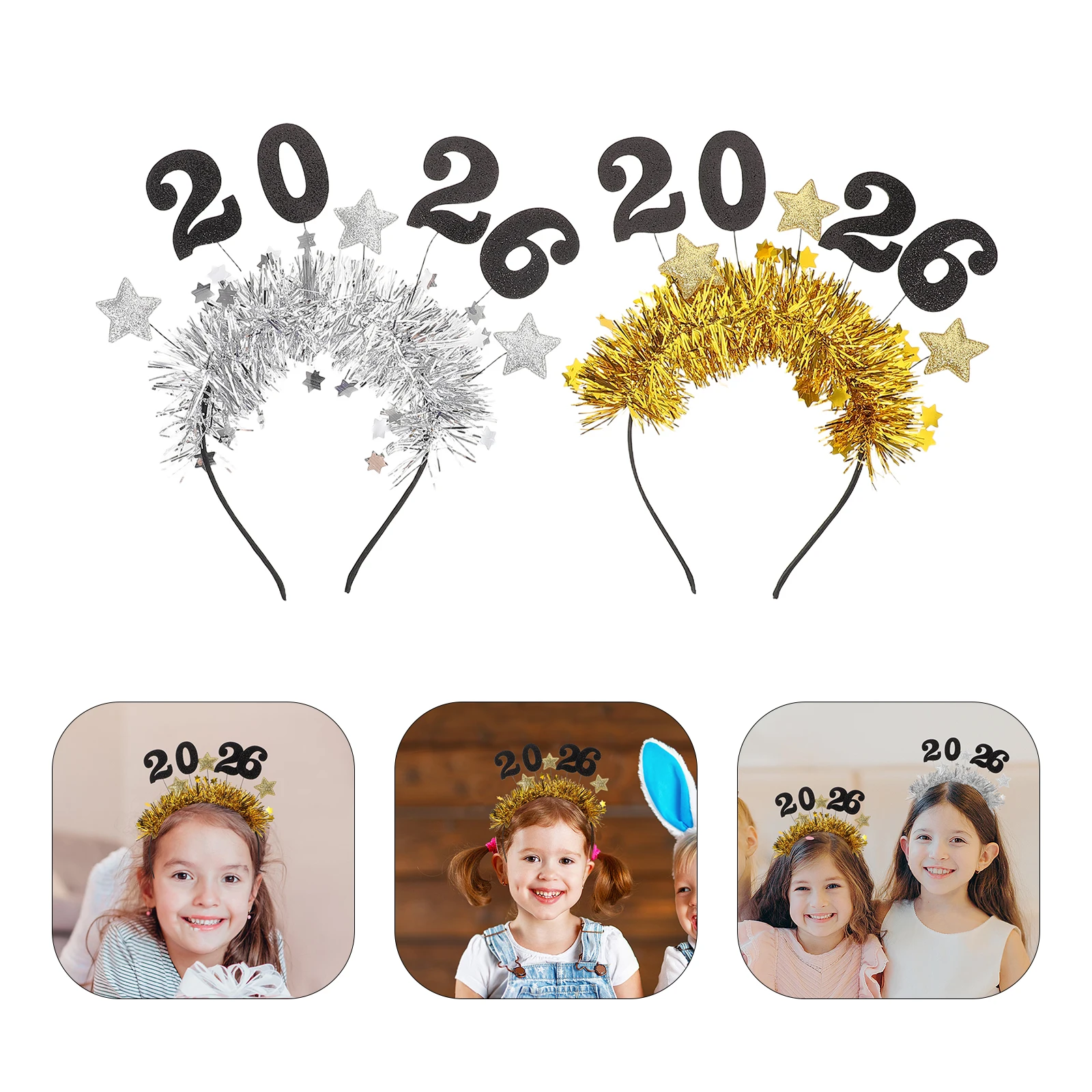 

2pcs New Year Hair Hoop Glitter 2026 Headband Tinsel Star Tiara Festive Party Supplies Women Accessories Costume Decoration