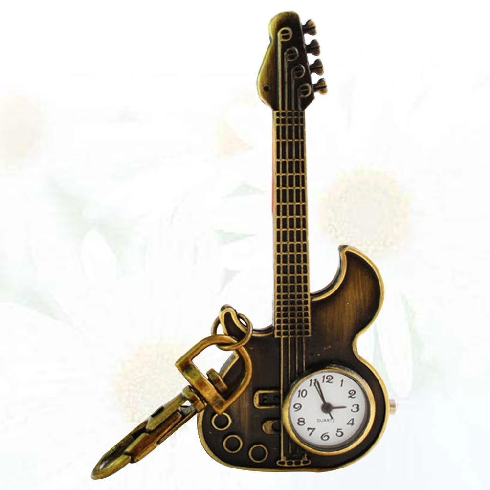 

1Pcs Fashion Guitar Shaped Pocket Watch Vintage Buckle Watch Keychain Clip Design Accurate Timekeeping Gift for Daily Party Use