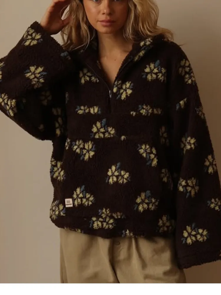 秋と冬のファッション暖かい長袖スウェットシャツ女性のフリースフラワージッパースタンドアップカラーエレガントな多用途トップス