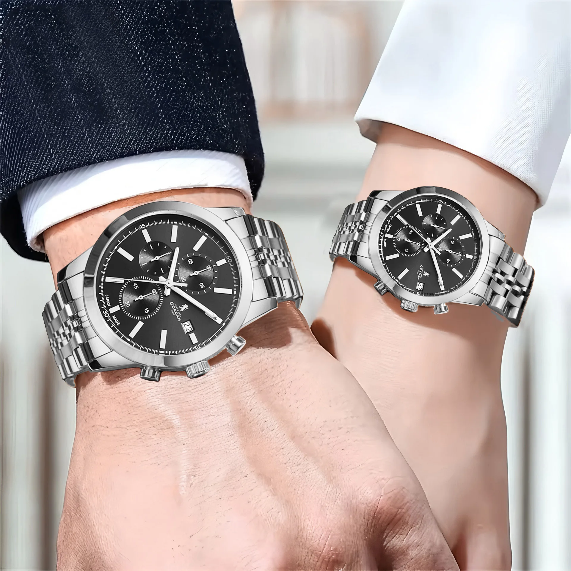 ساعة كرونوغراف ستانلس ستيل يابانية حركة كوارتز مقاومة للماء للرجال والنساء والنساء