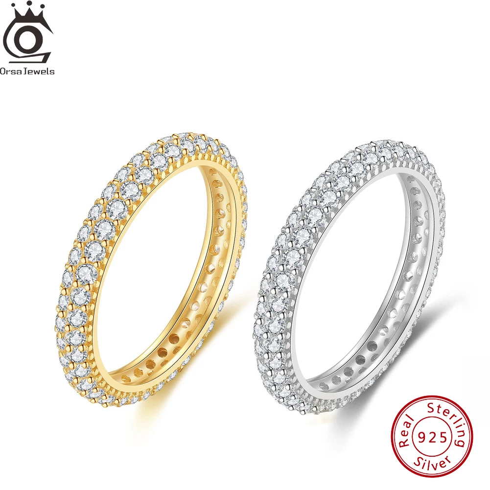 ORSA JEWELS 2 Row 3mm Tennis Ring Soild 925 Sterling Silver For Women Shiny Zircon Engagement Wedding Hip Hop Fine Jewelry SR320