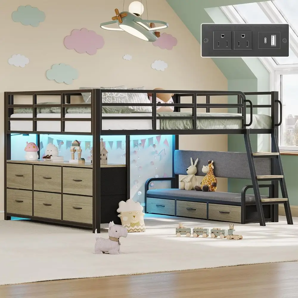 

Space-Saving Kids Loft Bed with Desk, 9 Drawers, 15.8 Rail, LED Lights & Charging Station, Oak Gray