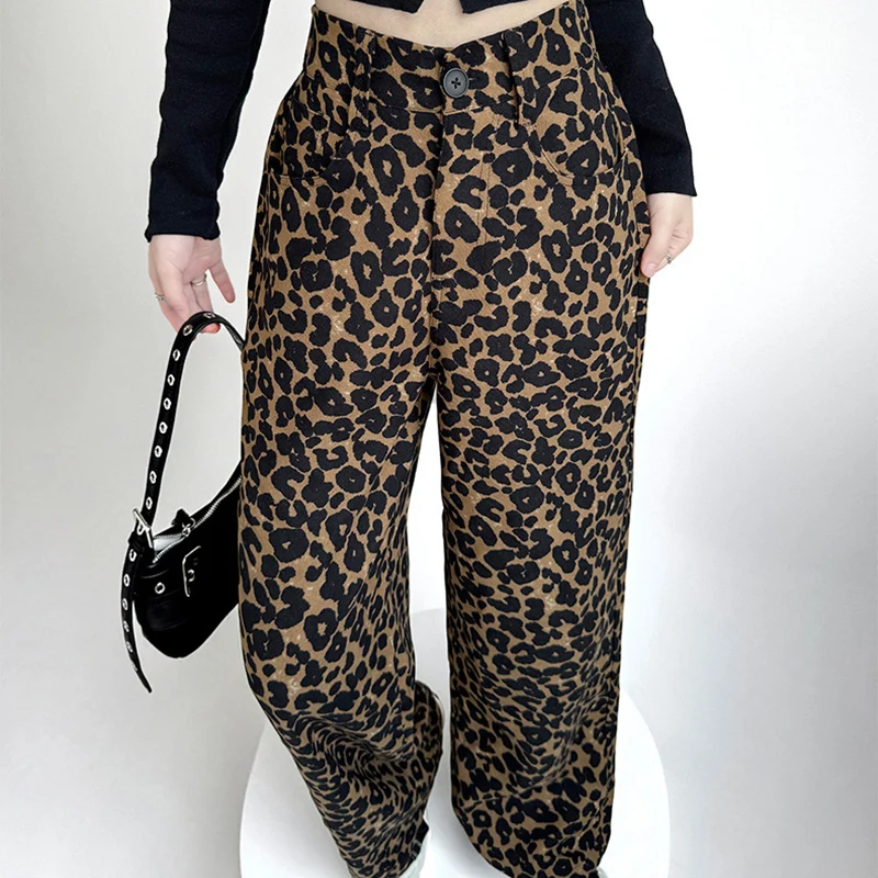 Pantalon léopard ample Vintage pour femme, boutonné, taille haute, classique, jambes larges, survêtement Mujer, automne hiver