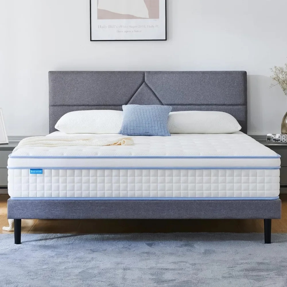 Matelas Hybride Individuel King Size, 12 Pouces, Ressort à Poches avec Mousse, Lit King Size dans une Boîte, Peluche Moyenne, Bleu