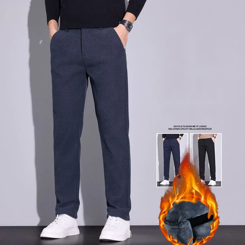 

Men Fashion Snow Warm Plush Fleece Pants Male Daily Casual Slim Fit Straight Leg Pants Winter Thermal Trend Blue Gray Trousers