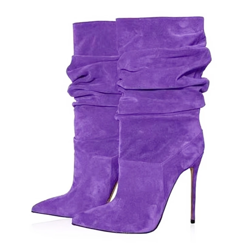 

Purple Suede Modern Pleated Boots Pointed Toe Stiletto High Heels Woman Mid Calf Boots Slip On Stretch Fabric Fashion Footwear