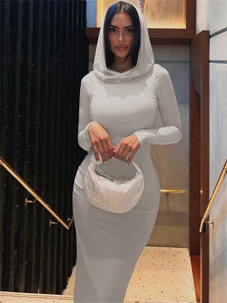 Simenual Solid Casual Hooded Long Sleeve Maxi Dress Fashion Elegant Women Hem Split Bodycon Dresses Y2K Basic Trim Streetwear