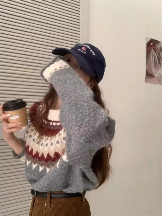 Sweter damski w stylu retro, z dzianiny Fair Isle, luźny, z okrągłym dekoltem, na jesień i zimę, gruby, dzianinowy top.