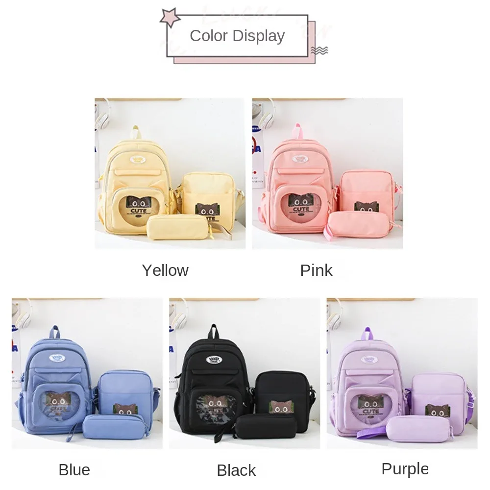 3pcs/set Nylon Transparent School Backpack Large Capacity Waterproof Students Ita-bag Pencil Bag Solid Color