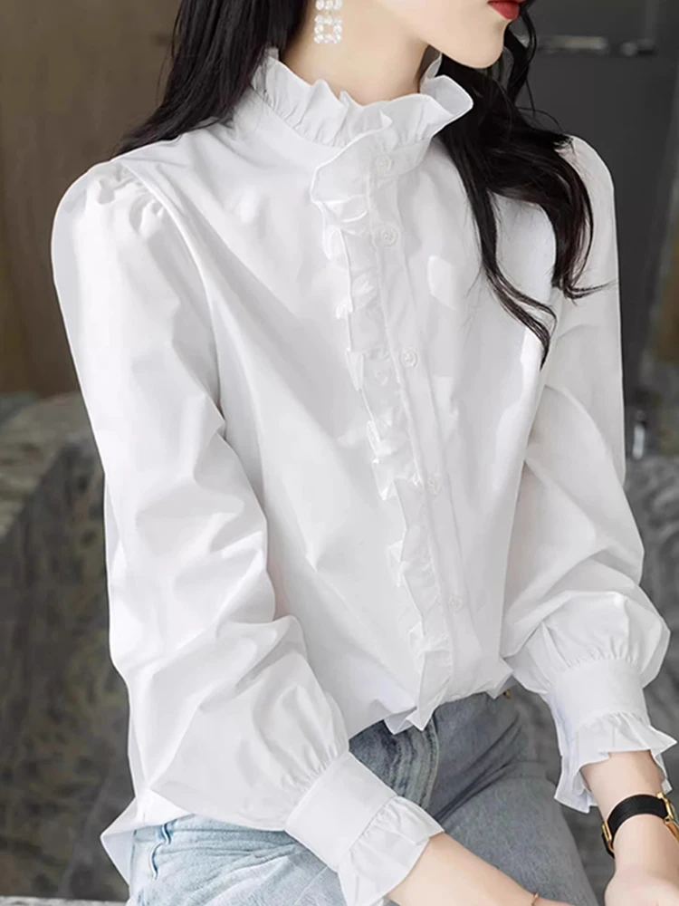 Simple Ele Stand Collar Lace Trim irt Poised Businlike Commute Autumn Spring Faionable Versatile Women's Top