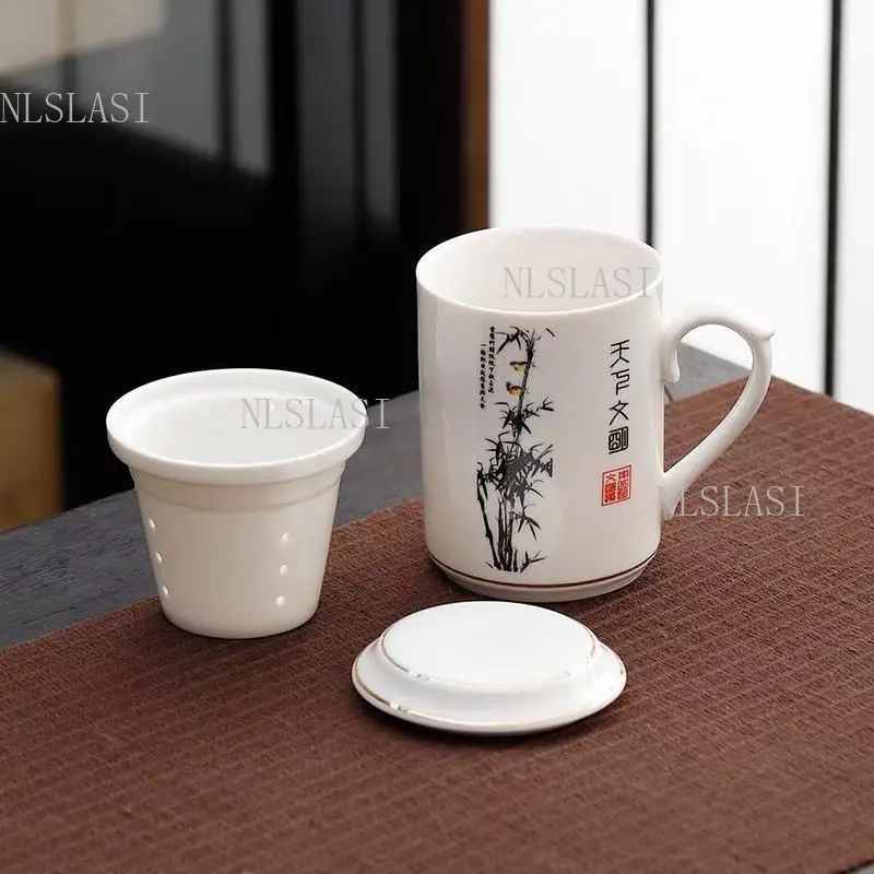 280ml Chinese Ink Bamboo Ceramic Tea Mug with Tea Infuser & Lid Water Separation Design Office Porcelain Brewing Tea Cup