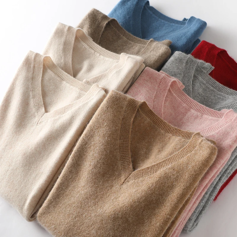 Women's Sweater V-Neck Long Sleeve 100% Pure Cashmere Fall Winter Warm Soft Knit Pullover New Knitted Tops Women's Clothing 2025 - Detail 1