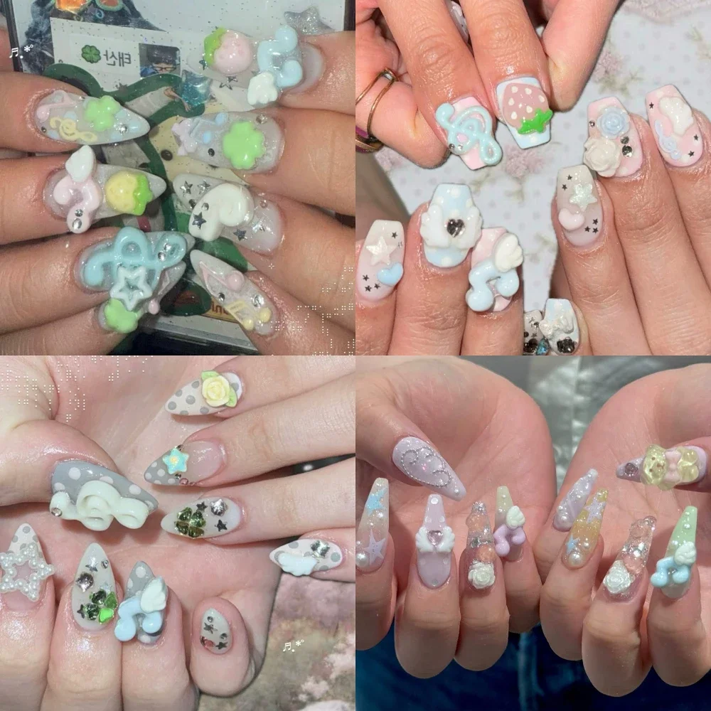 

10Pcs Long Ellipse Almond Handmade Press On Nails Kawaii FourLeaf Clover 3D Notes Stars Rhinestone Wings Green Fresh False Nails