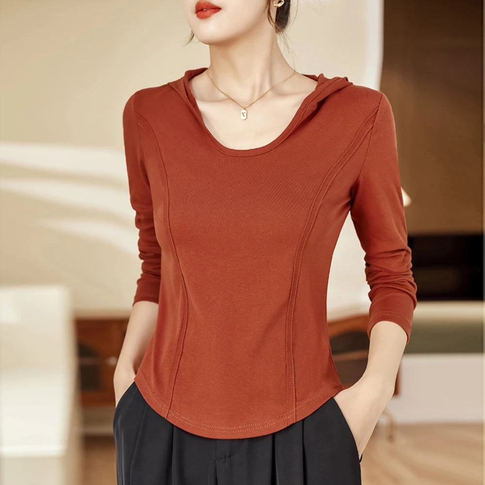 

European long sleeved T-shirt women's autumn and winter new high-end cotton fashionable plus size hoodie curved hem casual top