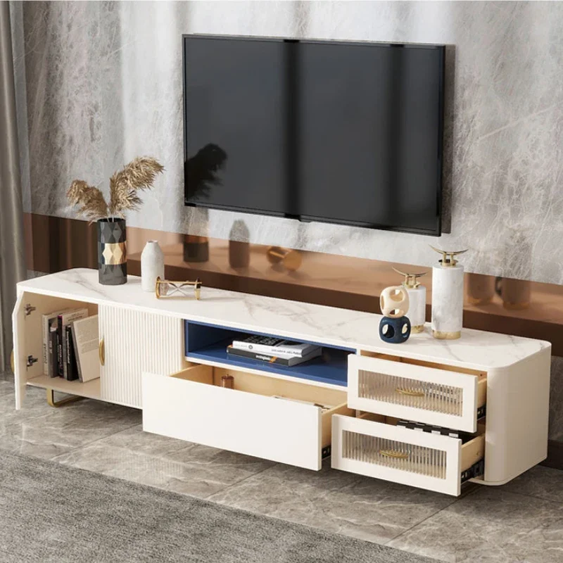 MDF Modern Luxury TV Cabinet Living Room Furniture Stainless Steel Metal Rock Plate Storage TV Stand