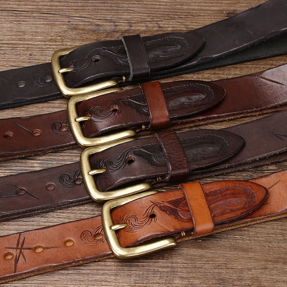 FAJARINA Retro Style Personalized Trendy Carved Cowskin Leather Belt for Men 3.8cm Wide