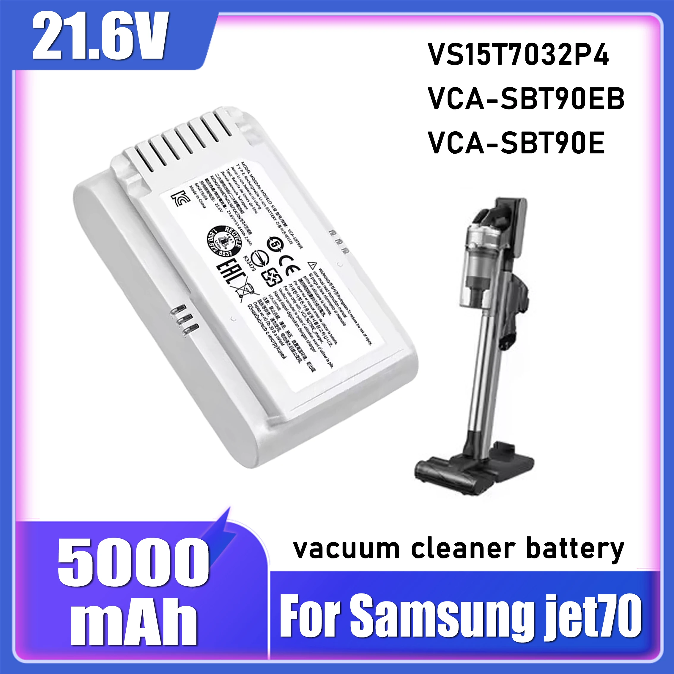 5000mAh VCA-SBT90E vacuum cleaner battery, for Samsung Jet 70 Turbo Jet 70 Pro/complete Jet 90E Pet ,VS15R8542S1 VS15T7031R4