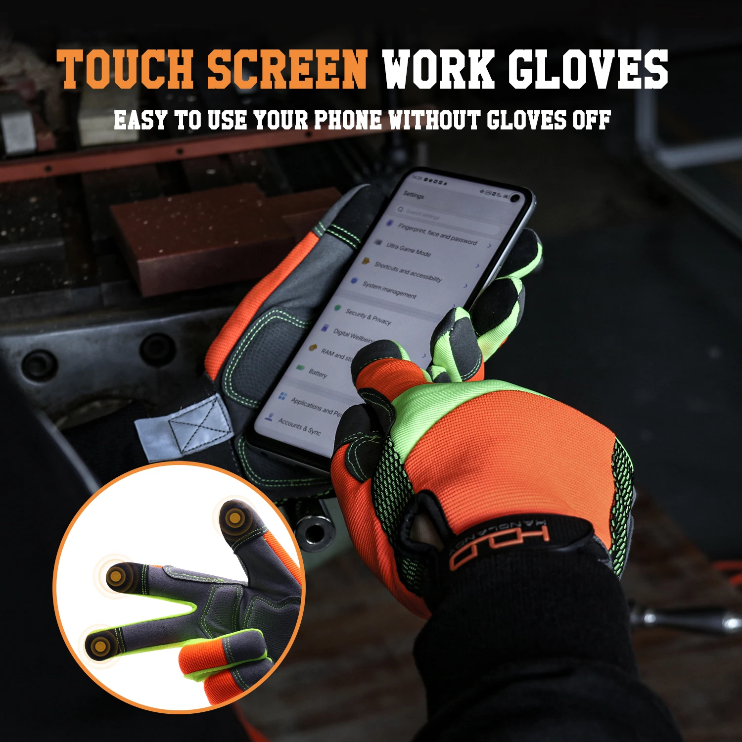 HANDLANDY Hi-vis Reflective Work Gloves, Anti Vibration Safety Gloves, Touch Screen, Orange Flexible Spandex Back