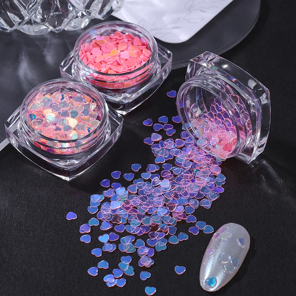 กลิตเตอร์เล็บรูปหัวใจสีชมพู/ม่วง 6 ชิ้น แบบโฮโลแกรม ประกายรุ้ง สำหรับตกแต่งเล็บวันวาเลนไทน์