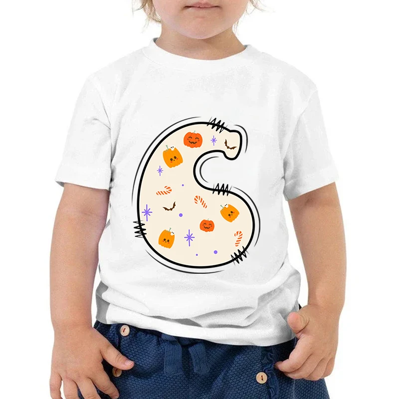 

Autumn Children's T-shirt Cartoon Pumpkin Candy Bat Print 26 Letter T Shirt Short Sleeve Boys Girls Funny Fashion O Neck Tshirt