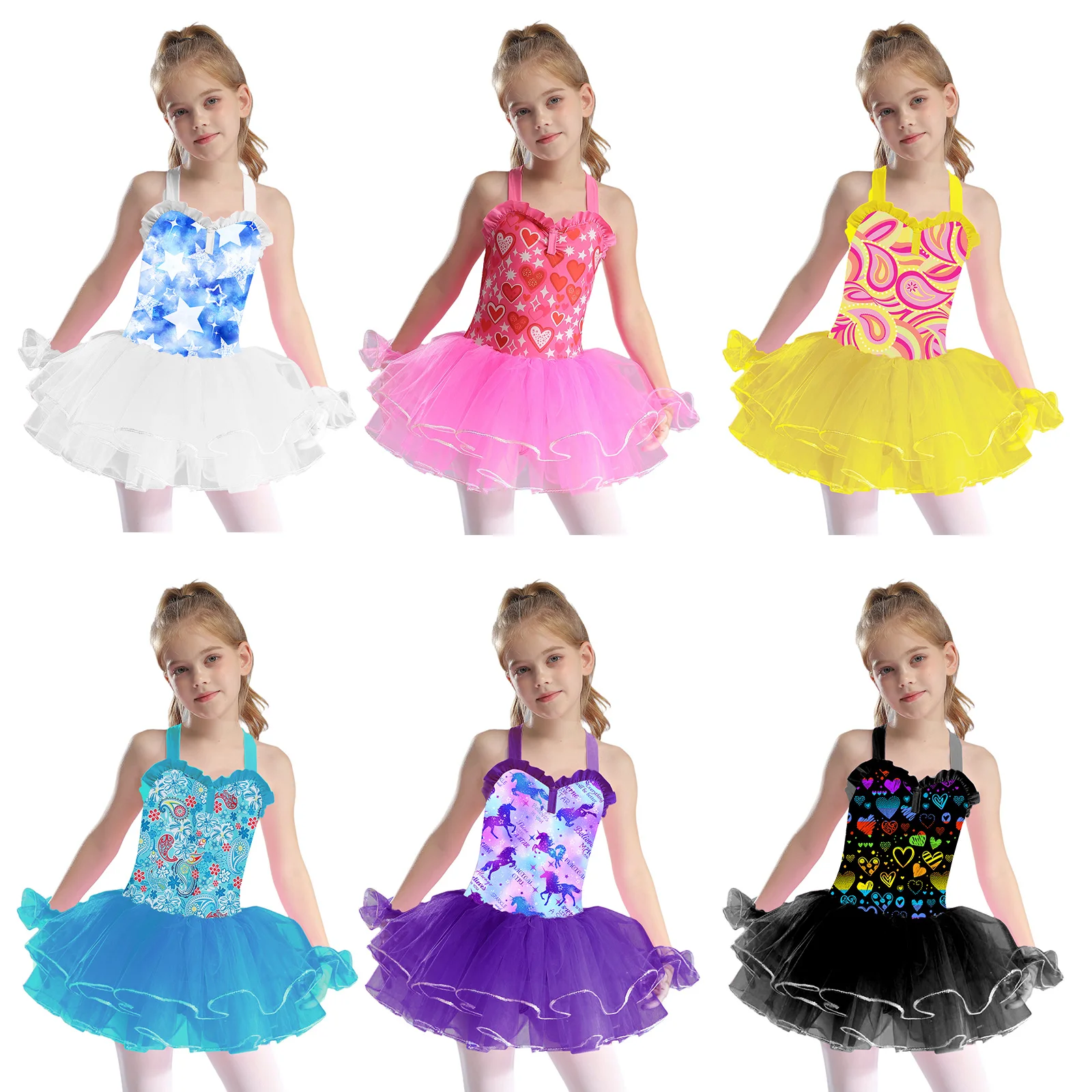 فستان الأميرة توتو للرقص باليه للفتيات بدون أكمام مطبوع عليه ترتر شبكي مع أكمام للذراع زي التزلج على الجليد والجمباز #4