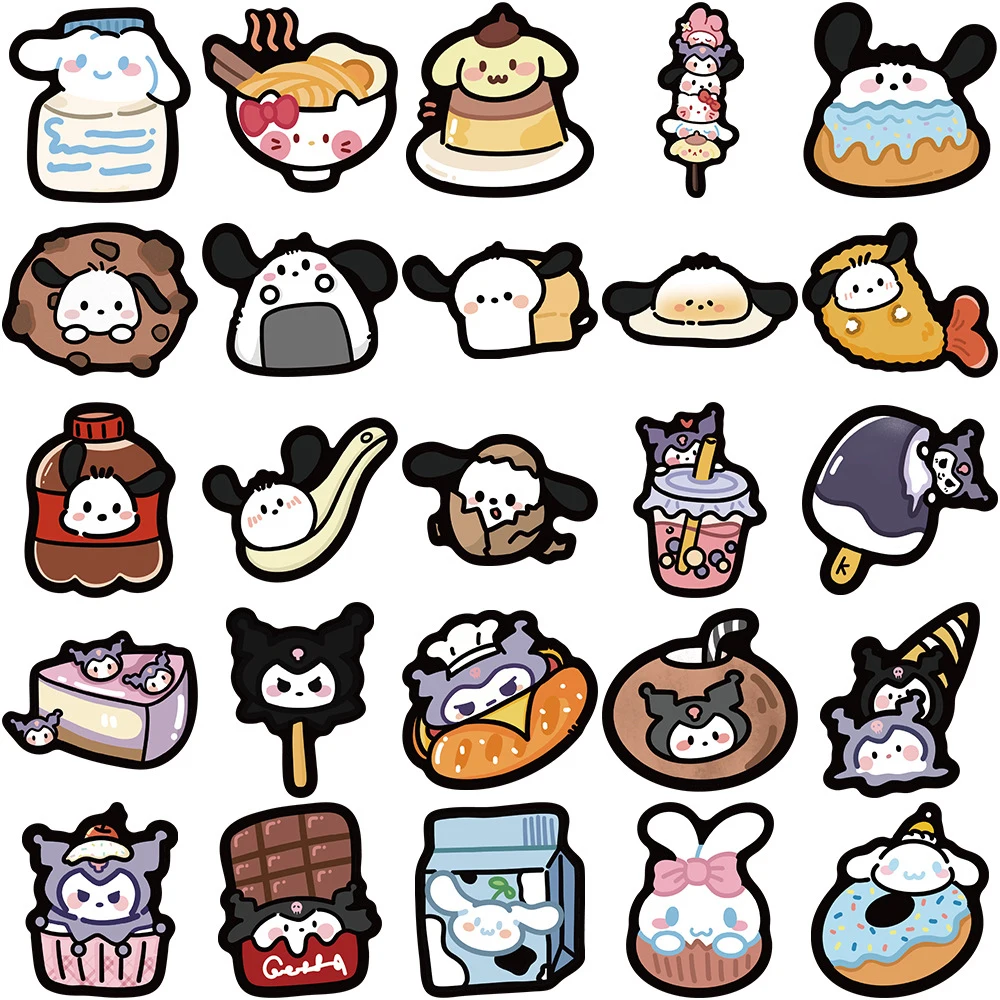 10/30/50 Uds. Pegatinas de dibujos animados Sanrio de comida divertida y bonita, pegatinas estéticas de Hello Kitty Kuromi My Melody, pegatinas de Anime Kawaii para niños, juguetes