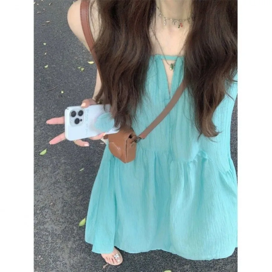

【New style】French hollowed-out suspender dress for women's summer seaside vacation style beach dress pleated lazy and relaxed l