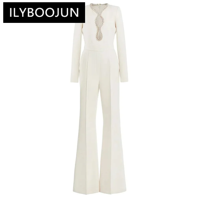 

New Designer White Jumpsuit Fashion Heart Shaped Hollow Inlaid Diamond Beaded Long Sleeve Elegance Flare Pants Jumpsuit Women