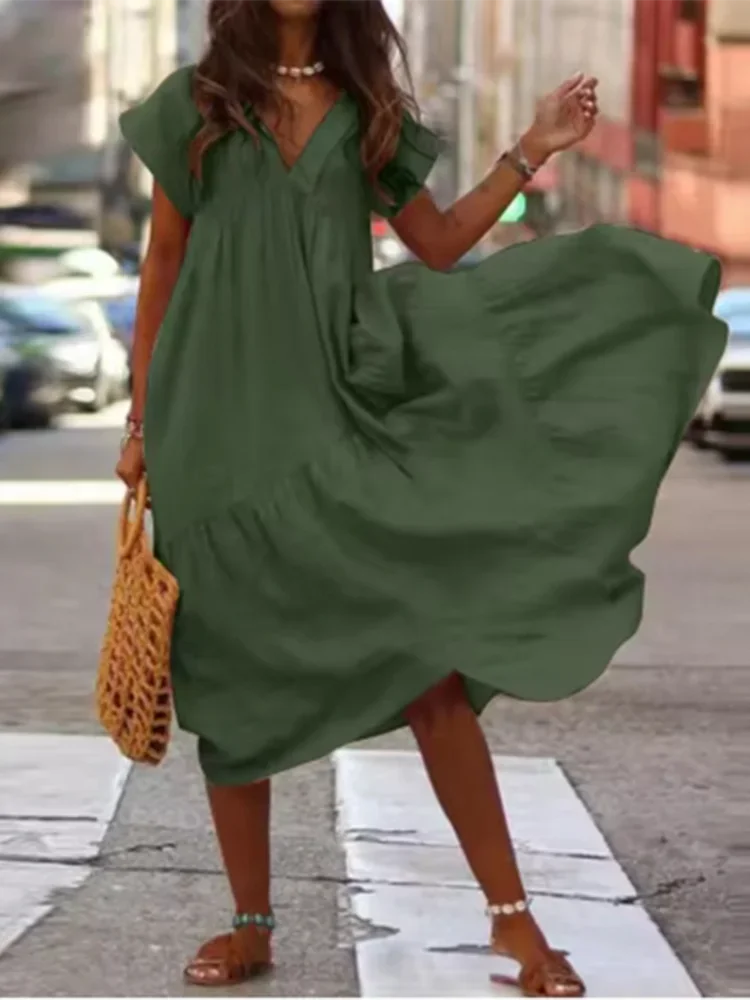 V-Neck Short Sleeved Loose Dress Women\'s Solid Color Vacation Dresses Summer Casual A-Line Robe Vestidos