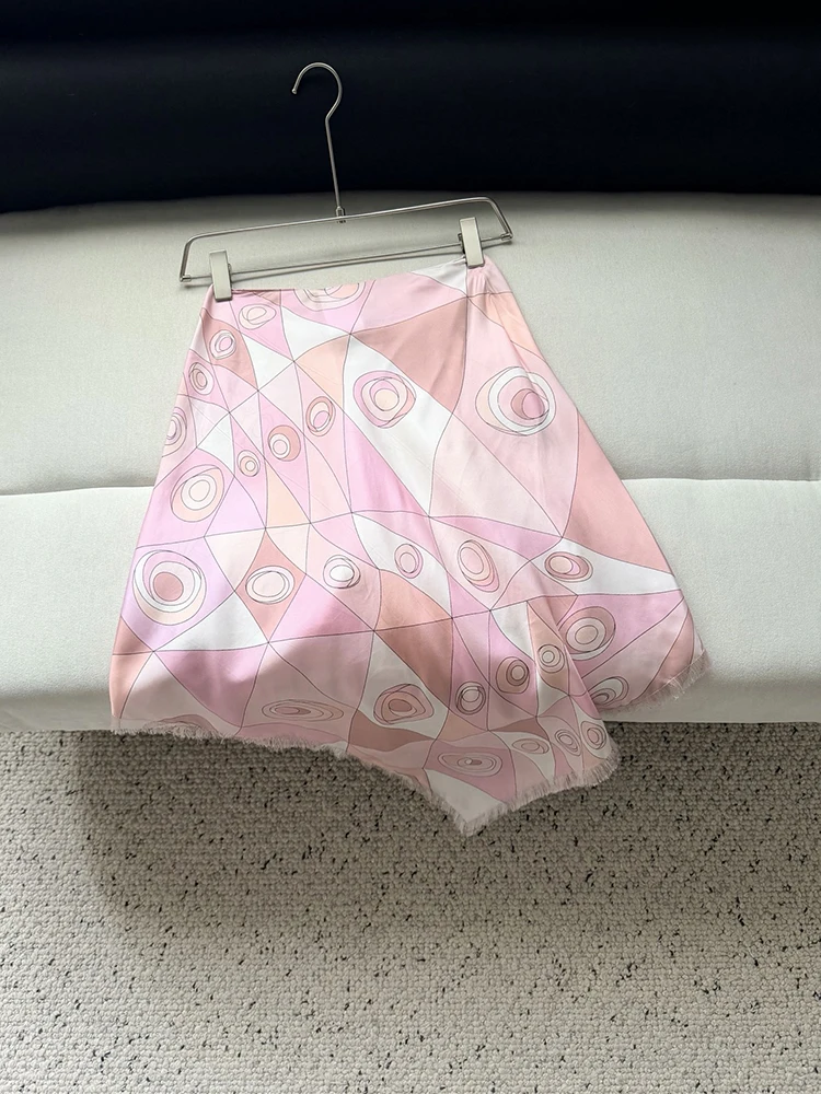Summer Fashion Outdoors Resort Elegant Geometric Print Silk Midi Skirt Women's Middle Waist A-Line Asymmetrical Tassel Hem Skirt