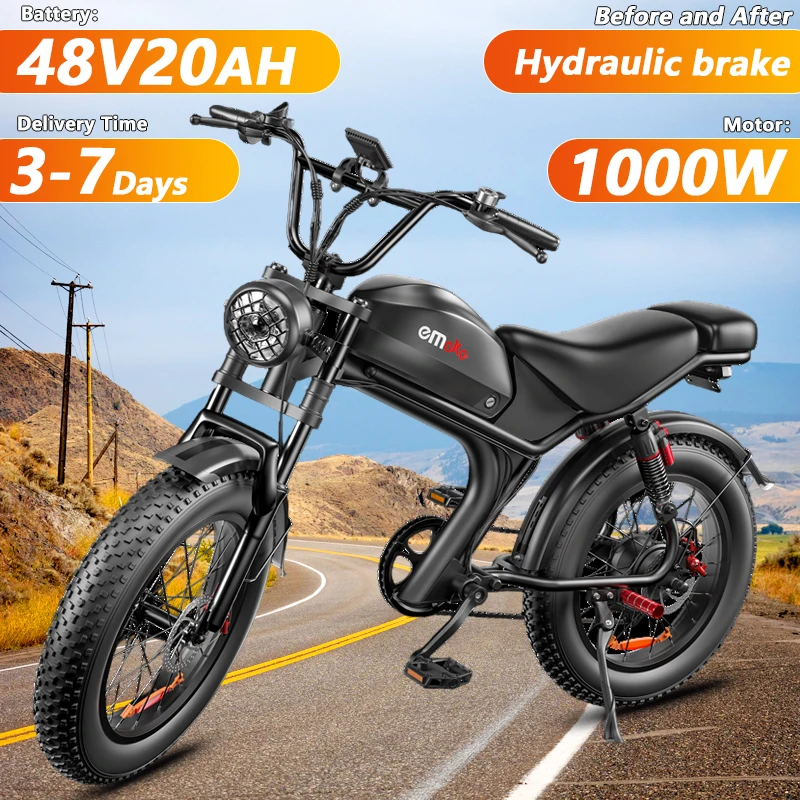 emoko C93 E-Bike 1000W Motor 48V20Ah Battery 20*4 Inch Fat Tire Electric Bike Before And After Hydraulic Brake Electric Bicycle