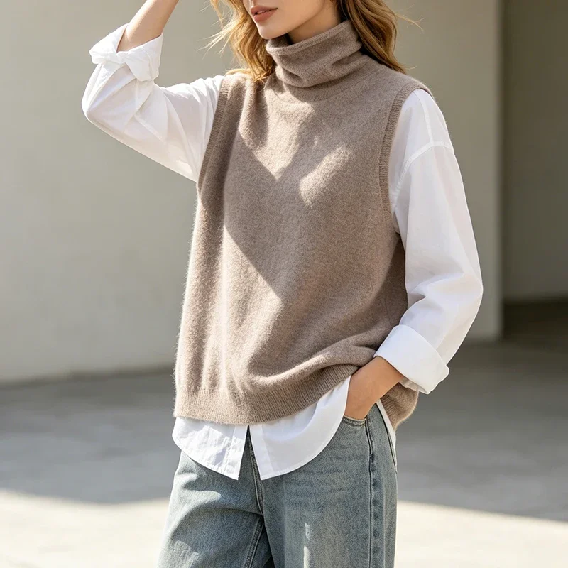 100% Woll-Damenpullover Herbst Winter Ärmellose Rollkragenweste Strickwaren Ropa Mujer