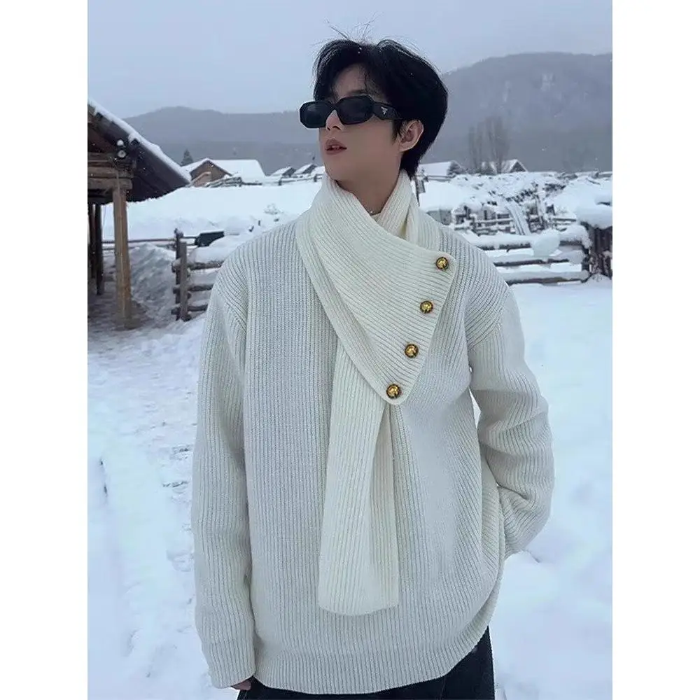 

Мужской свитер с высоким воротником, зимний, новый, в китайском стиле, модный, белый, с шарфом, в комплекте с пальто, молодежный, из полиэфирного волокна