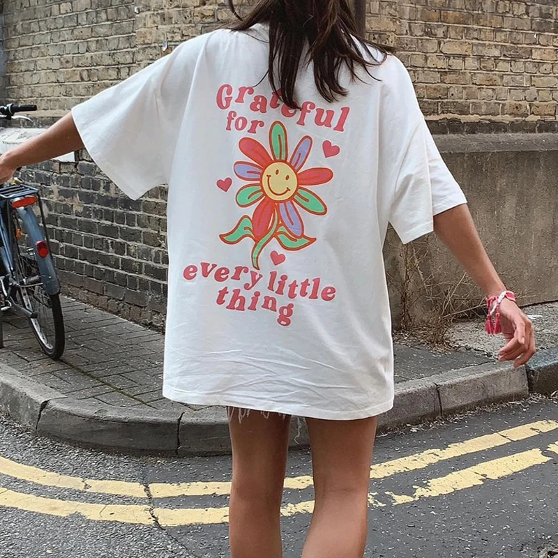 Grateful Back Print Retro Inspirational Tshirt Women Oversized Cute Vacation Graphic T-shirt Trendy Fashion Vsco Aesthetic Tops