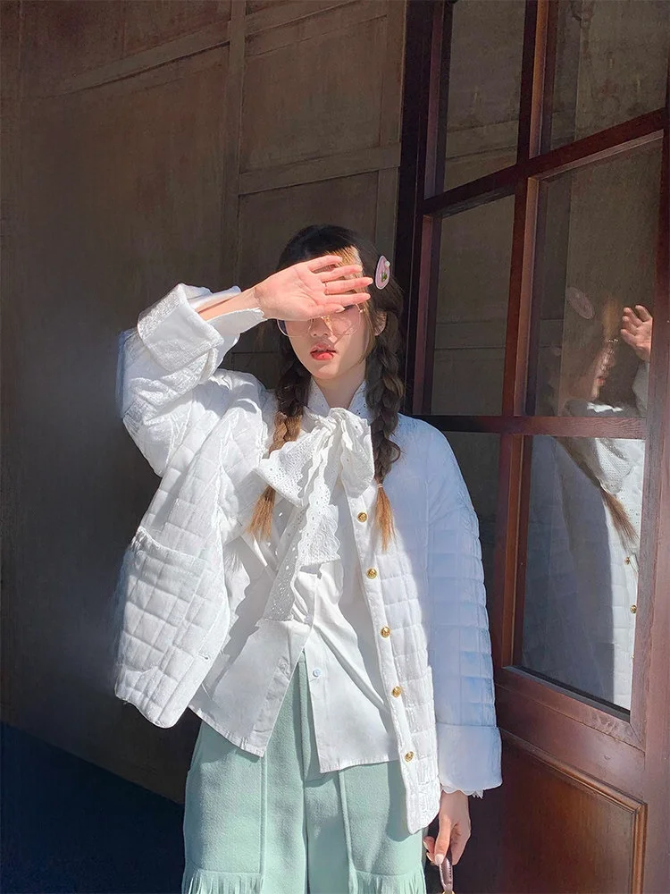 

Женская белая хлопковая куртка Bloom Art, осенне-зимняя, утепленная, с длинными рукавами, винтажная, на одной пуговице, однотонная, модная