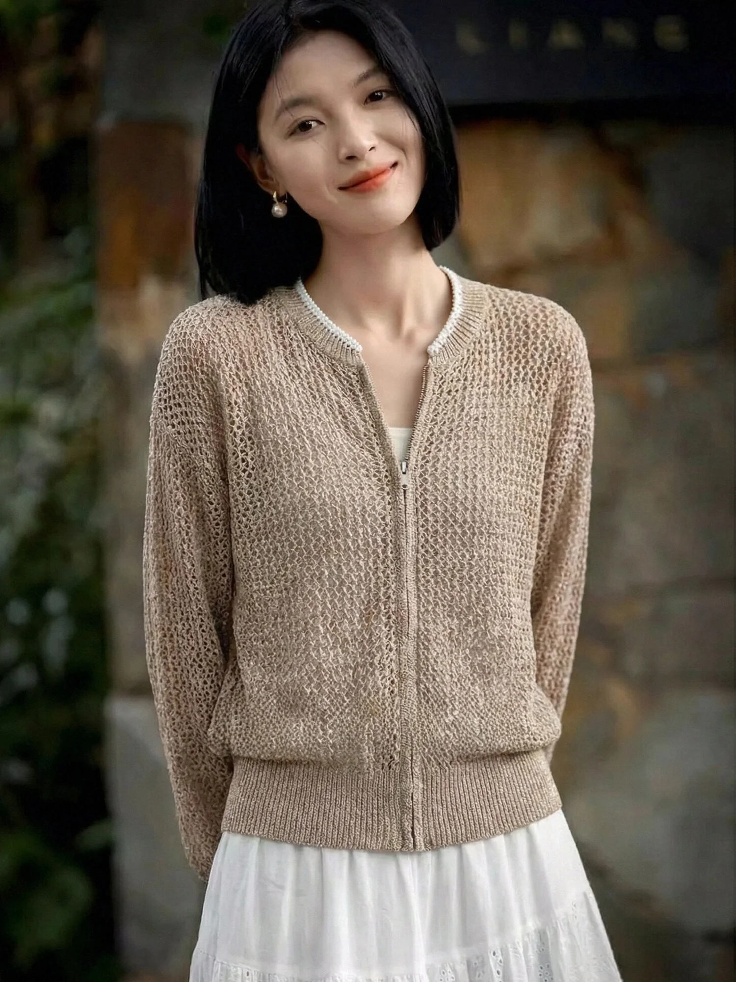 

Модный ажурный вязаный кардиган на молнии для женщин, весна 2026, премиум-класс, универсальный, в стиле Old Money