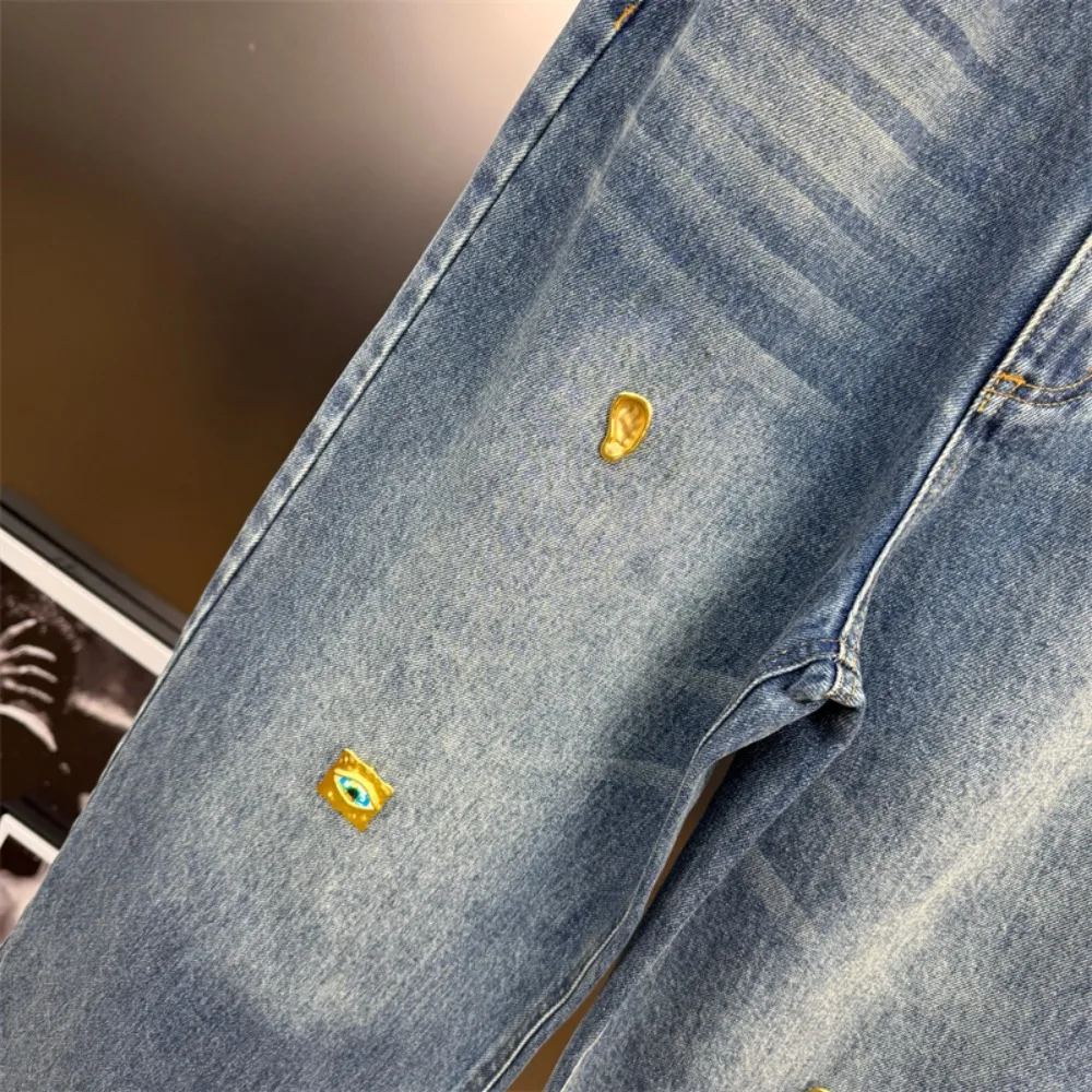 High Street Jeans Pants Women's Handmade Metal Buckle Decoration Mid Waist Wide Leg Straight Tube Blue Washed Denim Long Pants