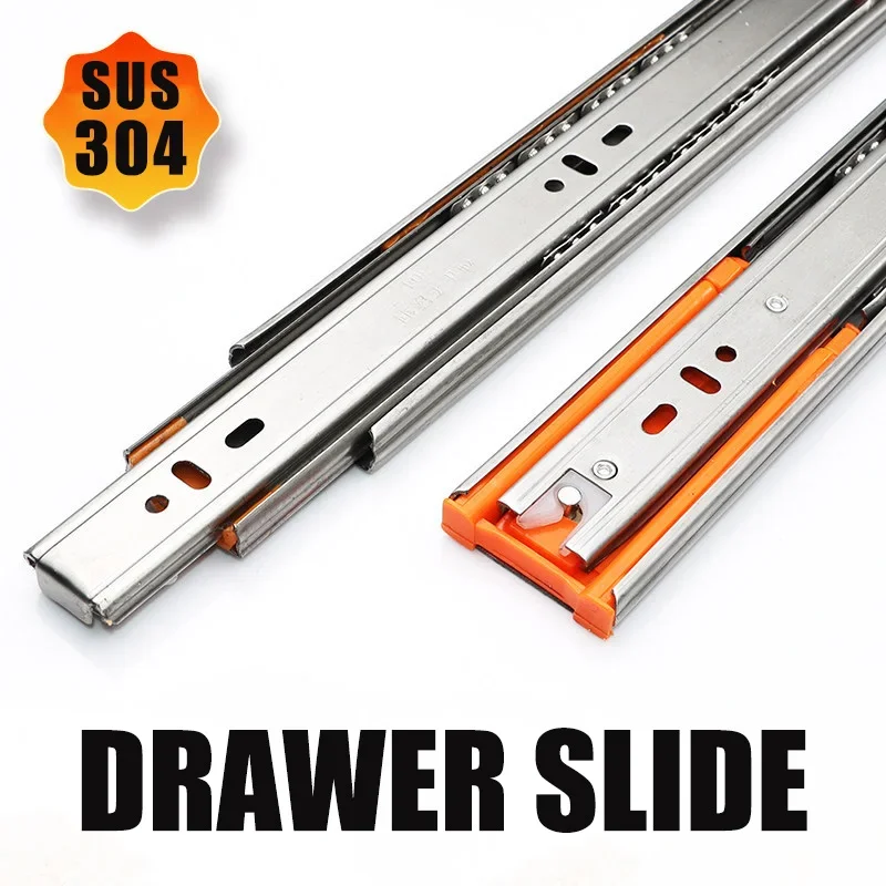 Universal Three-Section Drawer Slides 304 Stainless Steel Heavy Duty Load-Bearing Waterproof Rails for Kitchen Cabinet Wardrobe
