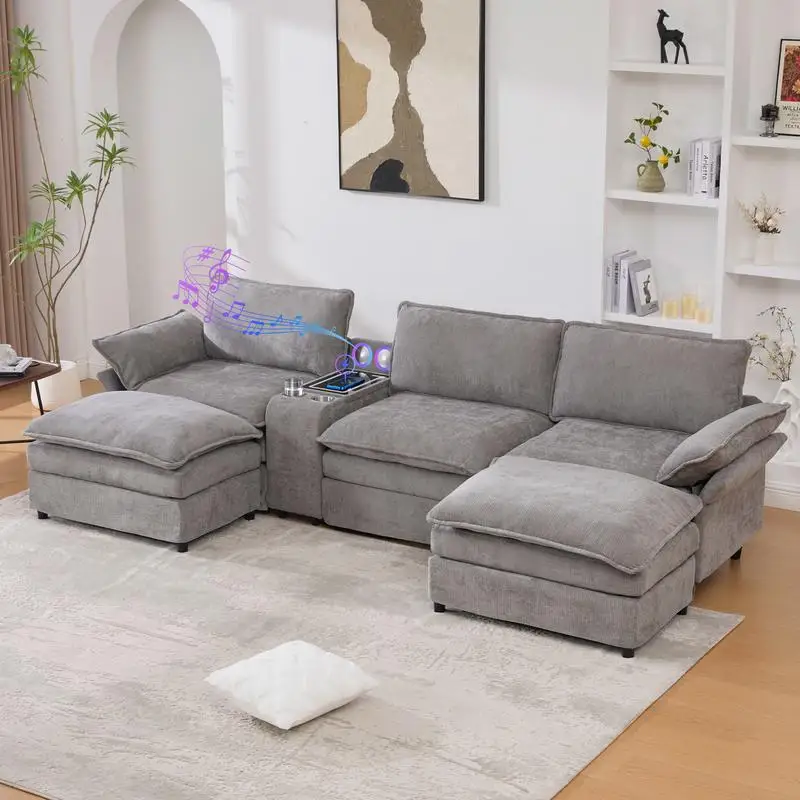 Modular U-Shaped Sectional Sofa with Storage Console, Wireless Charging, 2 Cup Holders, Bluetooth Speakers, 2 Movable Ottomans,