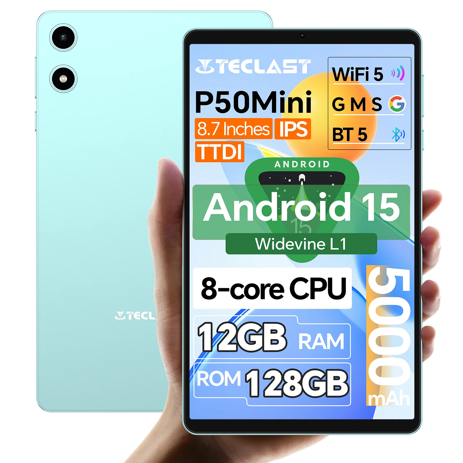 Teclast P50 Mini 8.7" Tablet Android 15 12GB(4+8GB Expansion)RAM 128GB ROM UP TO 1TB T606 8-Core 5000mAh Widevine L1 Type-C GPS