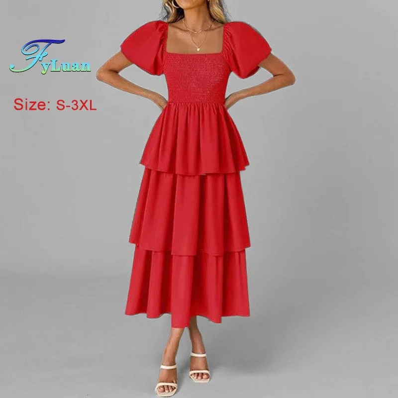 فستان نسائي صيفي جديد بأكمام قصيرة فستان طويل أنيق عالي الخصر بلون سادة وأكمام فقاعية فساتين لحفلات الكوكتيل النسائية #4