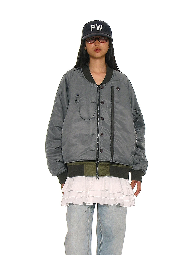

Detachable Double Layer MA Pilot Jaet Oversize Loose Outerwear Multiple kets Zipper Decorated Casual Sle Women's Coat