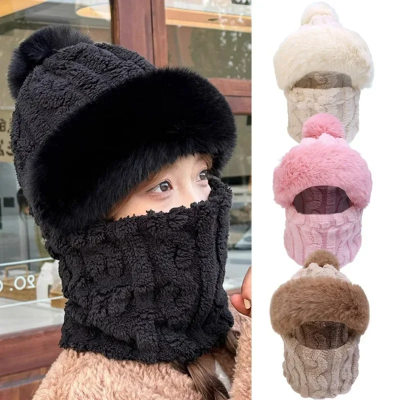 Winter Scarf Hooded Set Women Winter Thicken Neckerchief Plush Ball Warm Figured Fluffy Ear Protection Anti-cold Pullover Hats