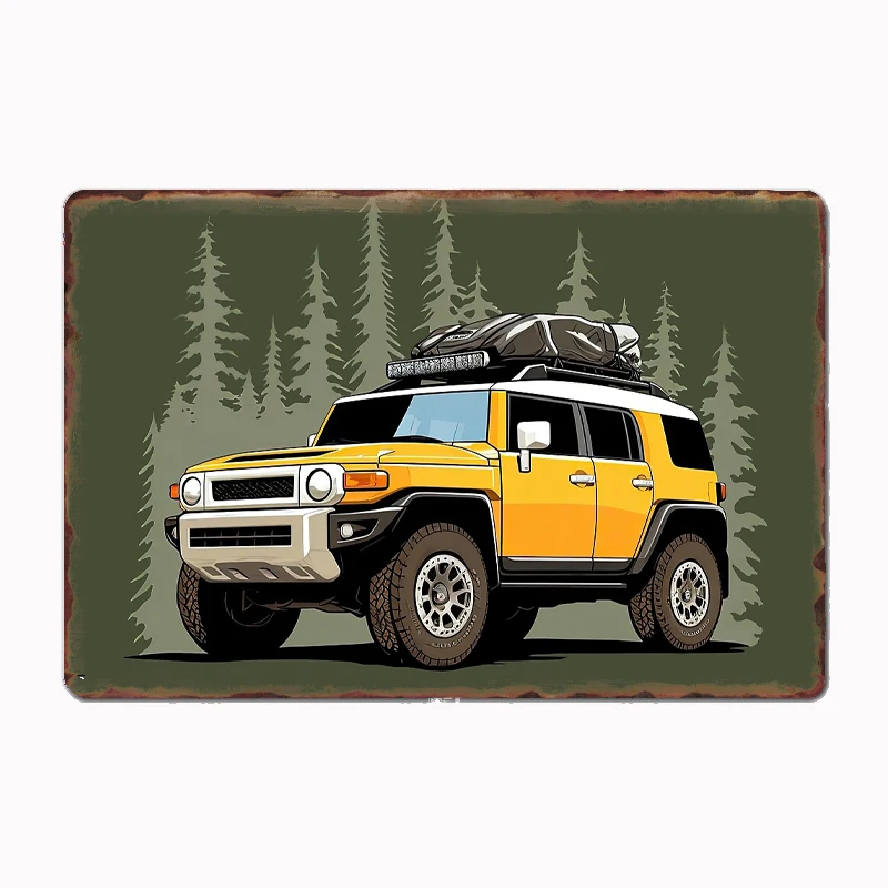 

Ретро FJ Cruiser Overlander в лесу, металлическая вывеска, постер, гараж, декор для гостиной, гостиная, жестяная банка на заказ, винтажное украшение для дома, стена